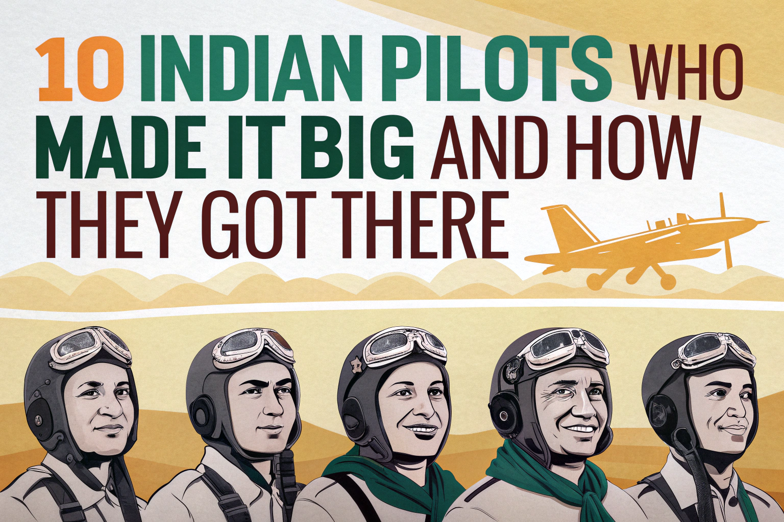 Illustration showcasing 10 Indian Pilots with vintage aviation gear, a fighter jet silhouette, and the title “10 Indian Pilots Who Made It Big and How They Got There.