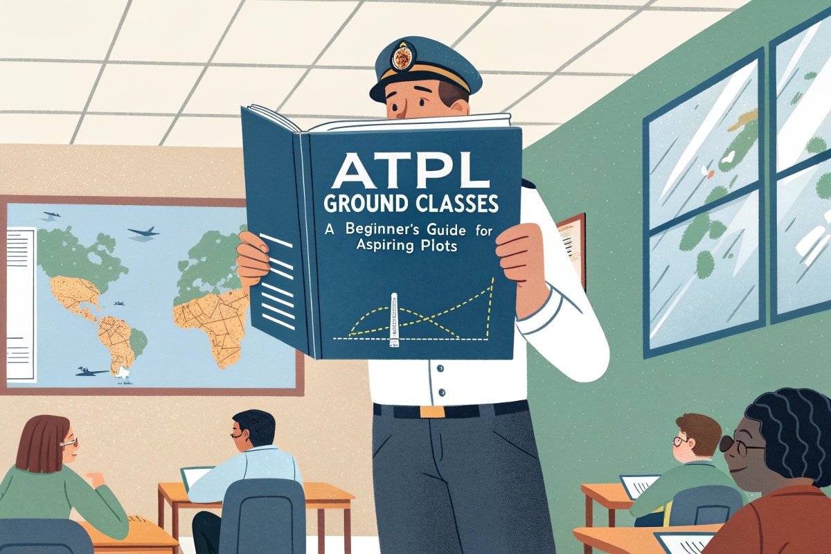 A pilot in uniform reading an ATPL ground classes book in a classroom with students studying.