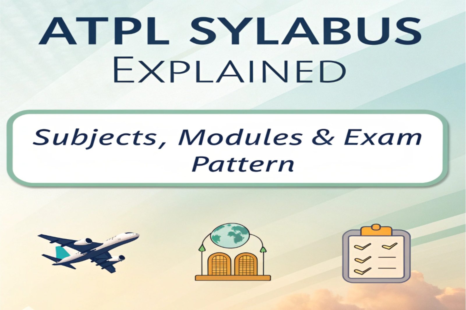 ATPL Syallbus explained with focus on subjects, modules, and exam pattern, featuring airplane, globe, and checklist icons.