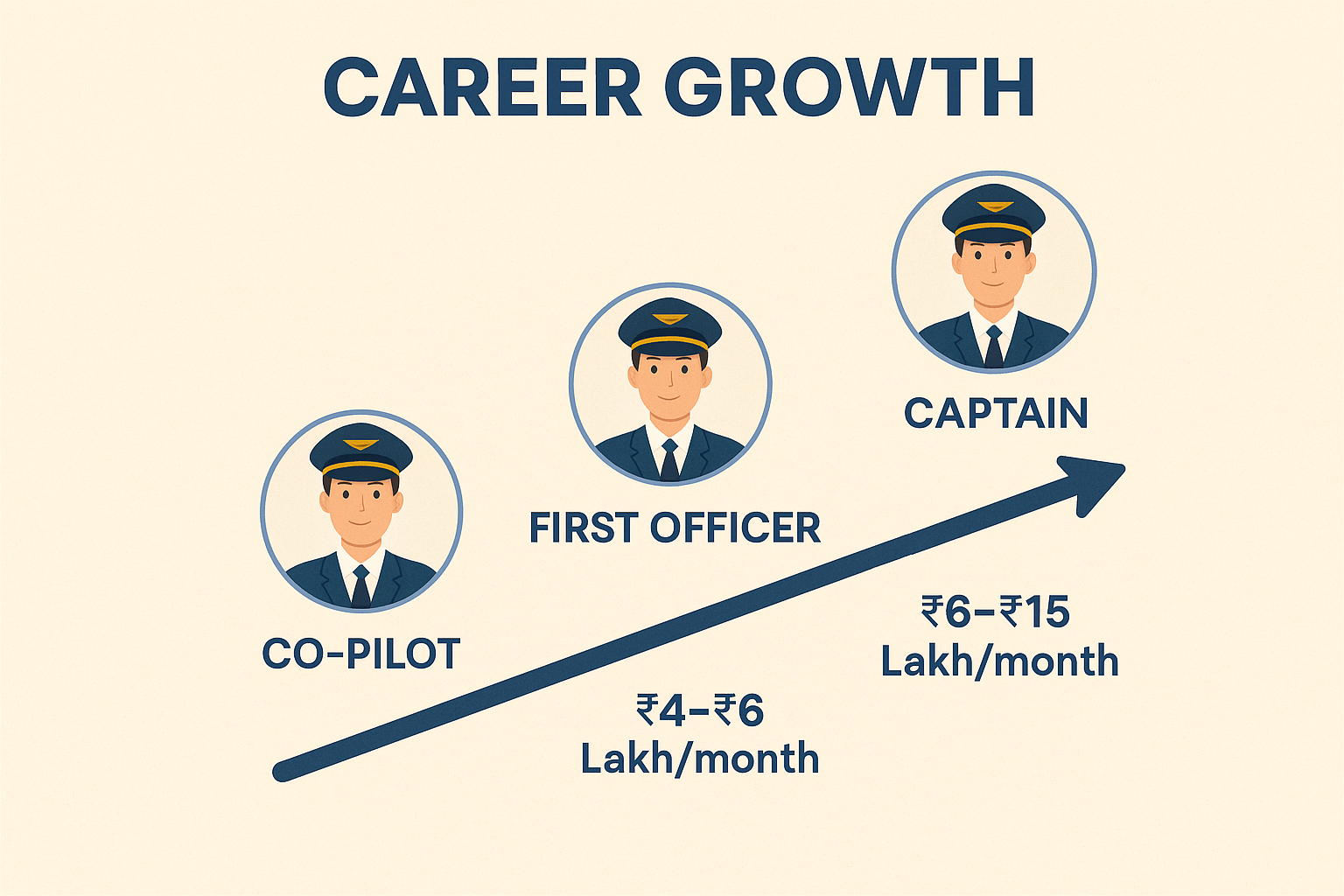 Career growth stages of airline pilots with salary ranges, showing Airline Pilot Salary in India from Co-Pilot to Captain.