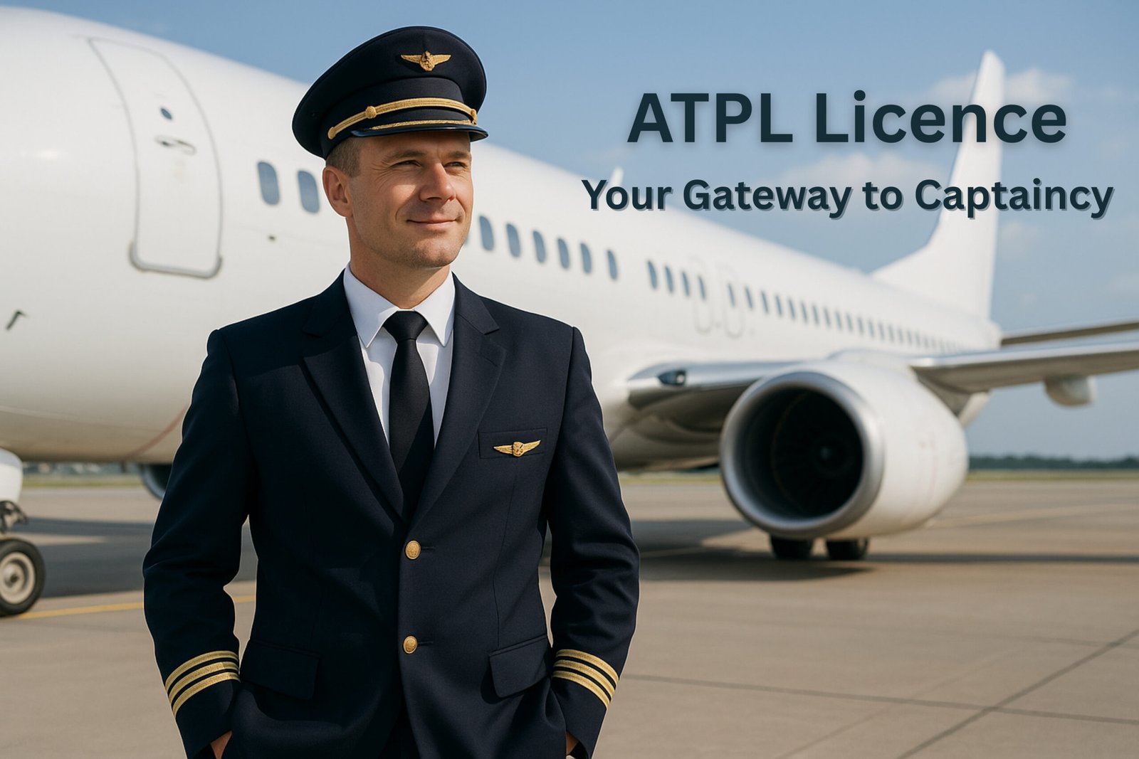 “Airline Captain in uniform standing beside a commercial aircraft, symbolizing career opportunities after ATPL Licence.”