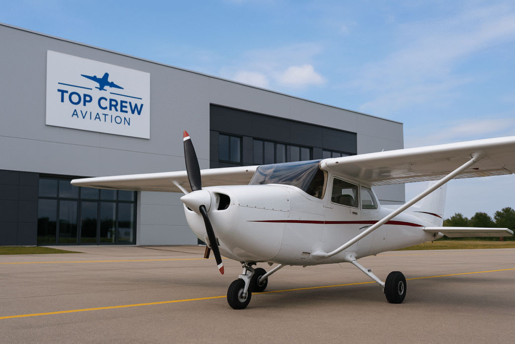 Top Crew Aviation campus with modern aircraft and training facilities for pilot license in India.