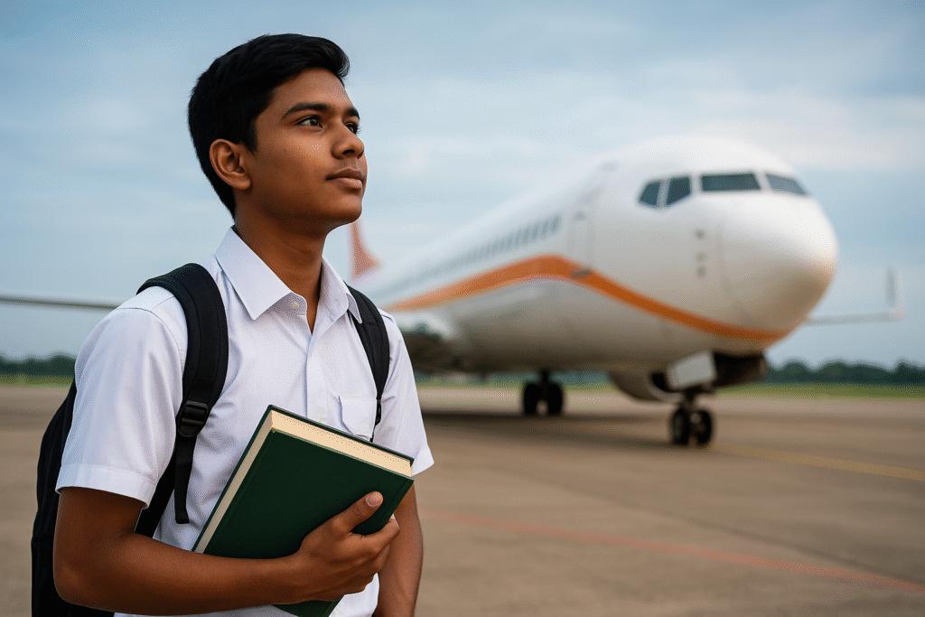 A young student holding a book in front of an airplane, symbolizing the journey of how to become a pilot after 10th in India.