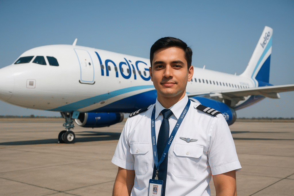 Young pilot in uniform standing in front of an IndiGo Airbus A320, representing the IndiGo Cadet Pilot Program.