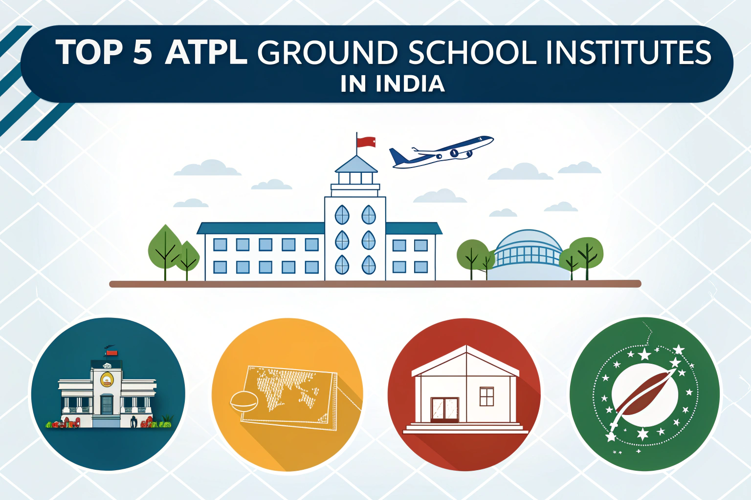 Illustration showcasing top 5 ATPL Ground School Institutes in India with educational and aviation-themed icons