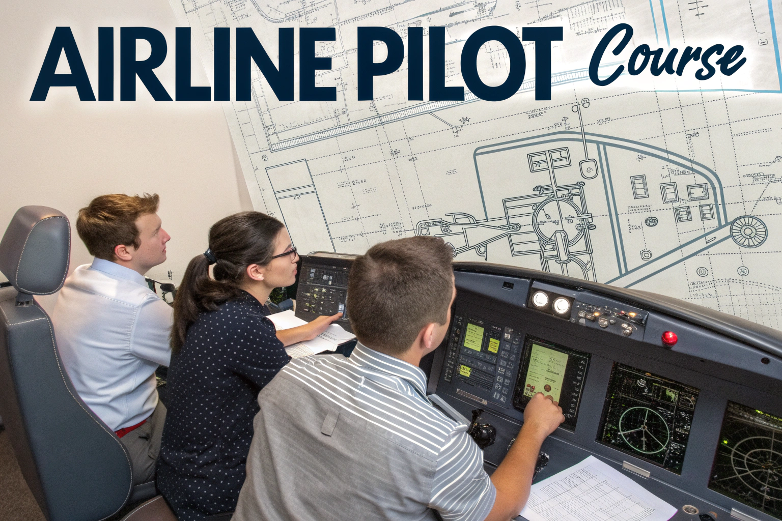 Students training on a flight simulator during an airline pilot course.
