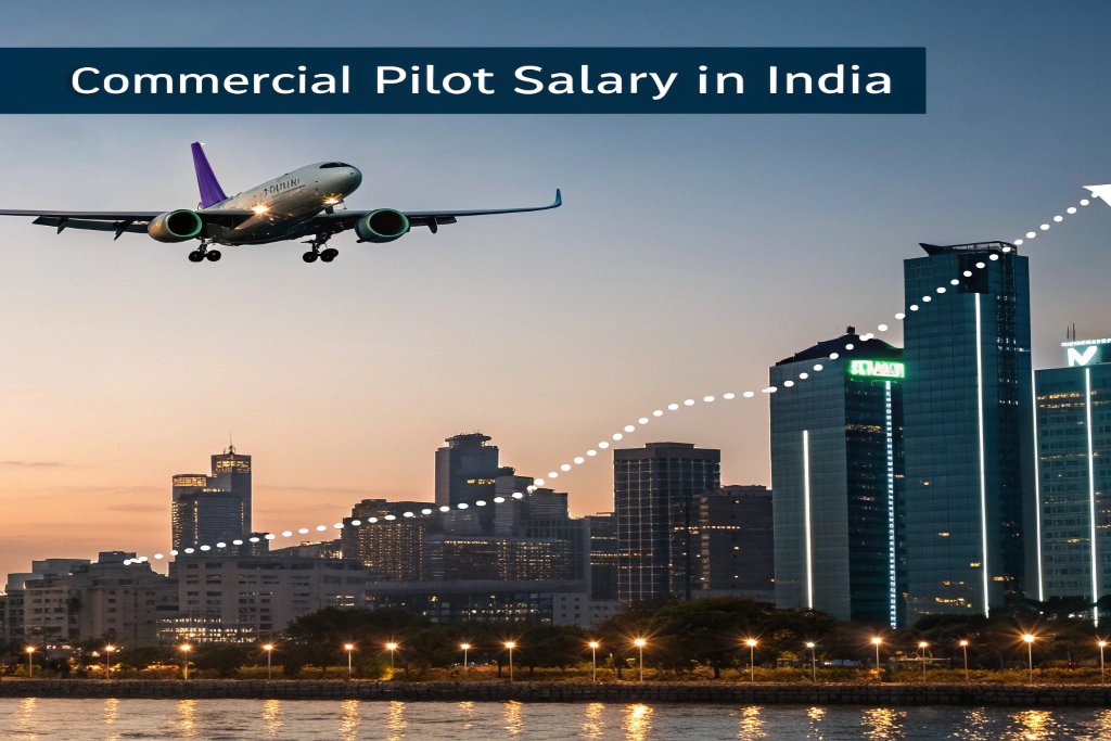 Airplane flying over a modern city skyline at sunset with a rising graph line, representing growth in Commercial Pilot Salary in India.