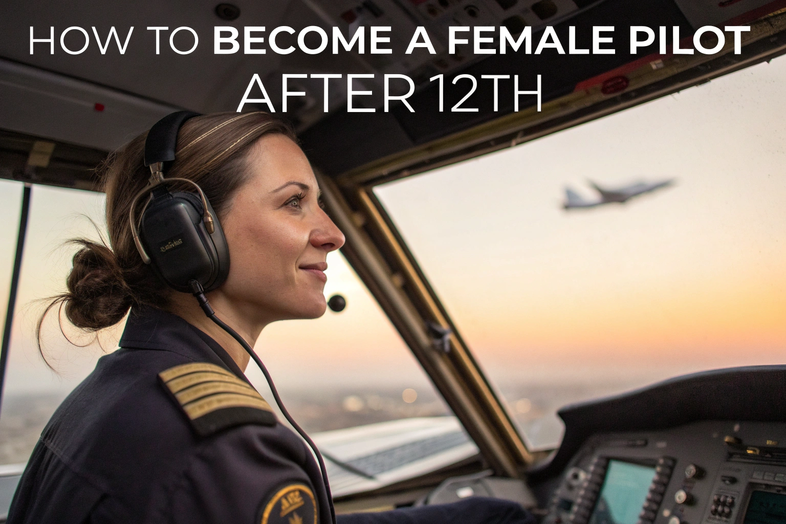 A confident female pilot in uniform inside a cockpit, symbolizing the journey of becoming a Female Pilot After 12th in India.