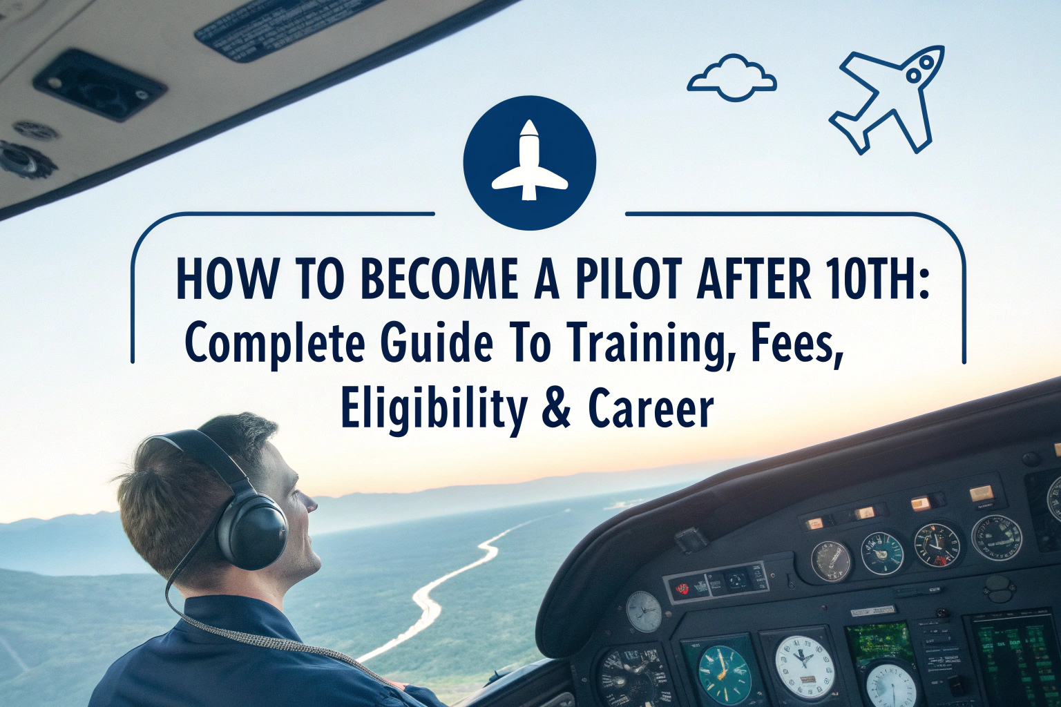Young pilot in a cockpit looking at the horizon with the text “How to Become a Pilot After 10th: Complete Guide to Training, Fees, Eligibility & Career” overlayed.