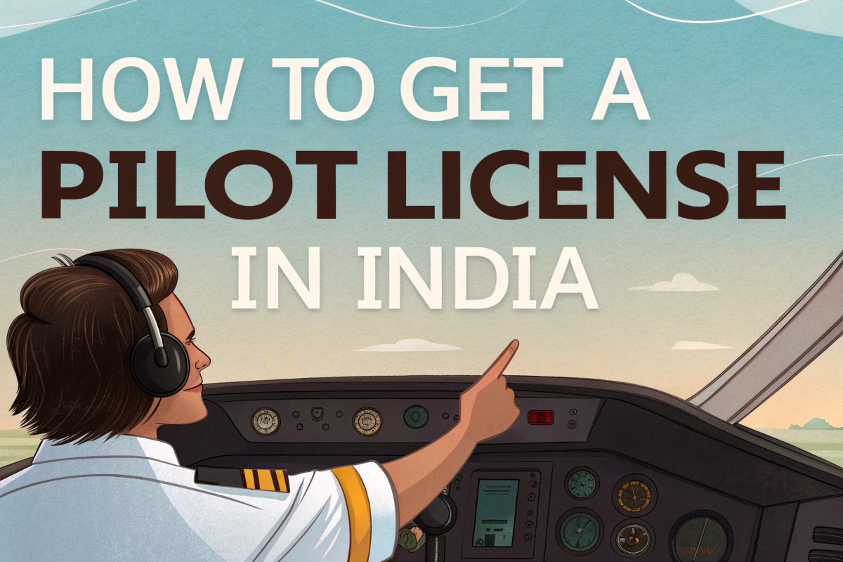 Illustration of a pilot in the cockpit pointing at instruments with text overlay "How to Get a Pilot License in India."