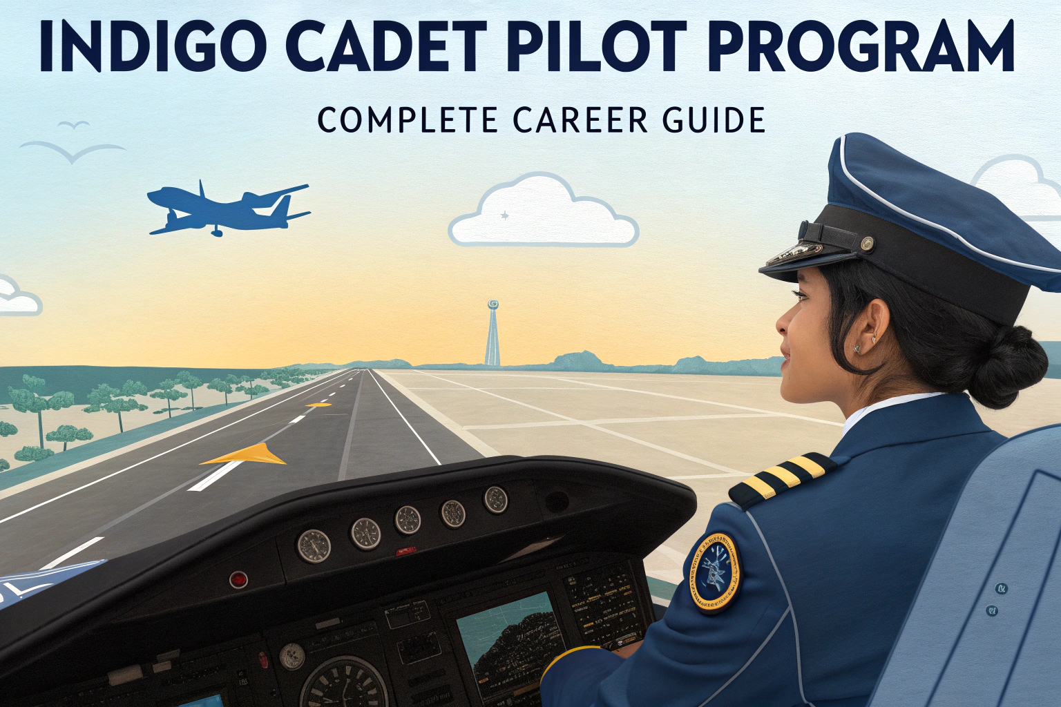 Female pilot in cockpit with airplane illustration and text about Indigo Cadet Pilot Program.