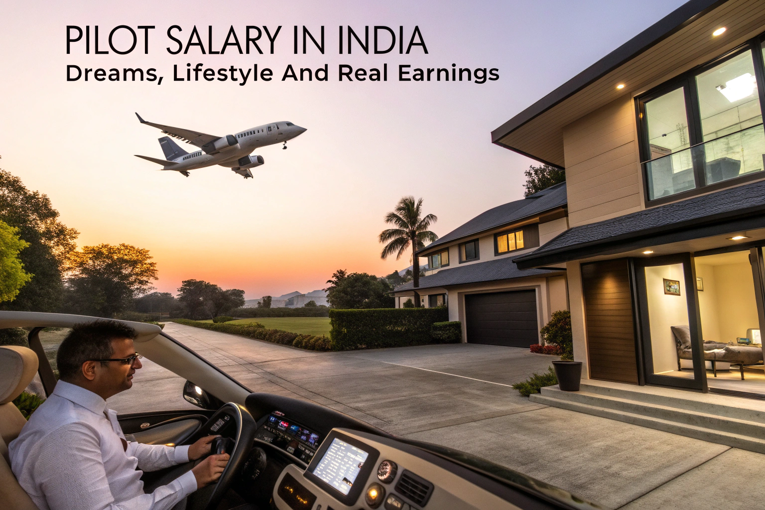 A luxury lifestyle showing a man driving a premium car with a modern villa in the background and an airplane flying overhead, representing Pilot Salary in India.