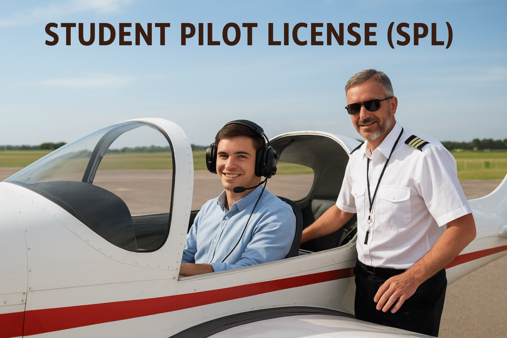 Student pilot with instructor beside a small training aircraft – Student Pilot License (SPL).
