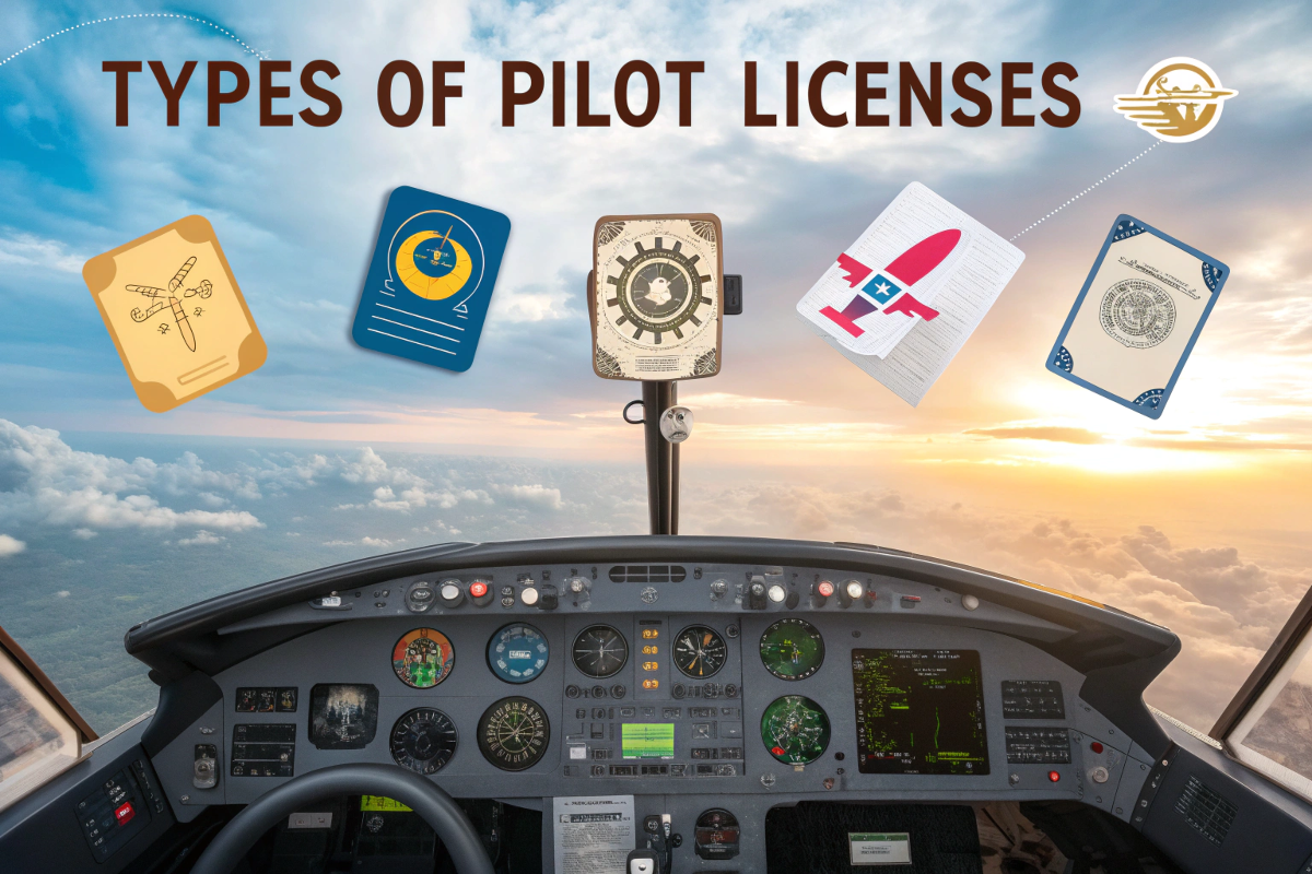 Different types of pilot license illustrated above an aircraft cockpit view with clouds and sunset.