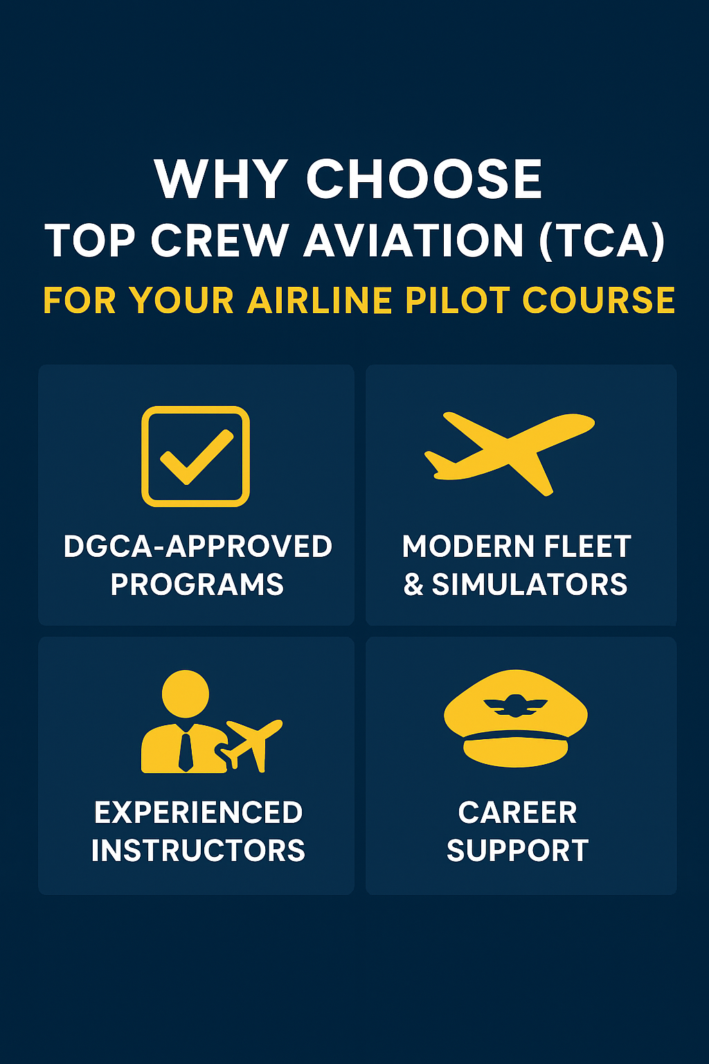 Top Crew Aviation advantages for airline pilot course including DGCA-approved programs, modern fleet, experienced instructors, and career support.