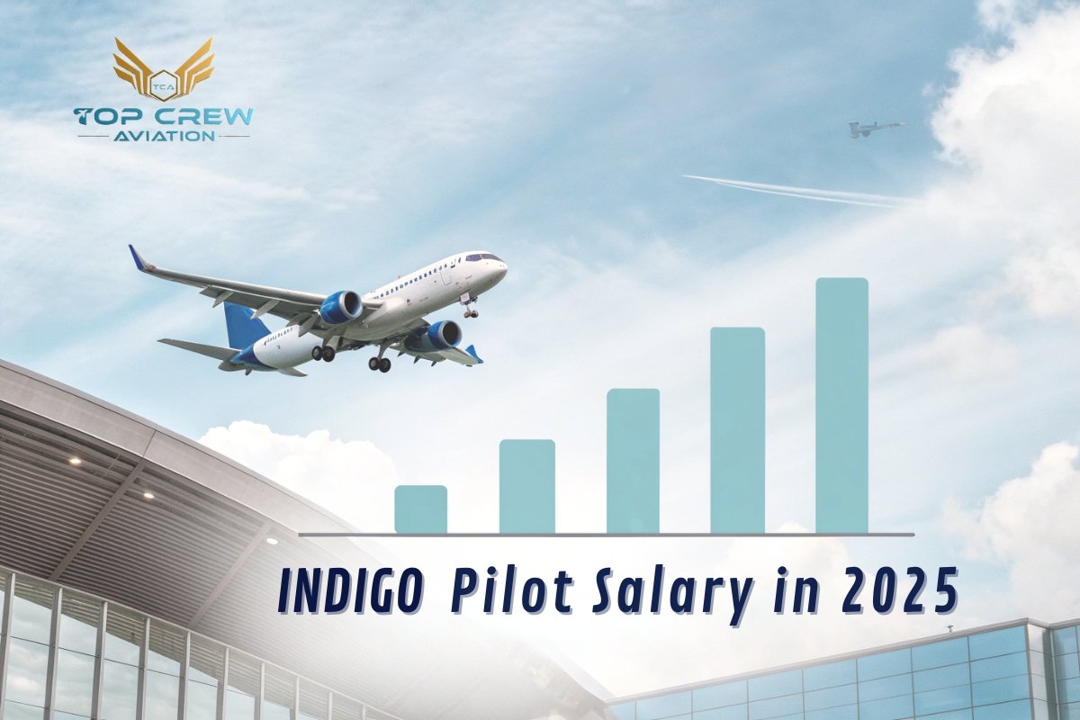 Indigo aircraft flying above an airport terminal with salary growth chart showing Indigo airline pilot salary trends.