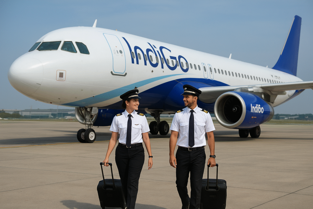 IndiGo Airlines Pilot Salary 2025 – IndiGo aircraft with pilots walking beside the plane